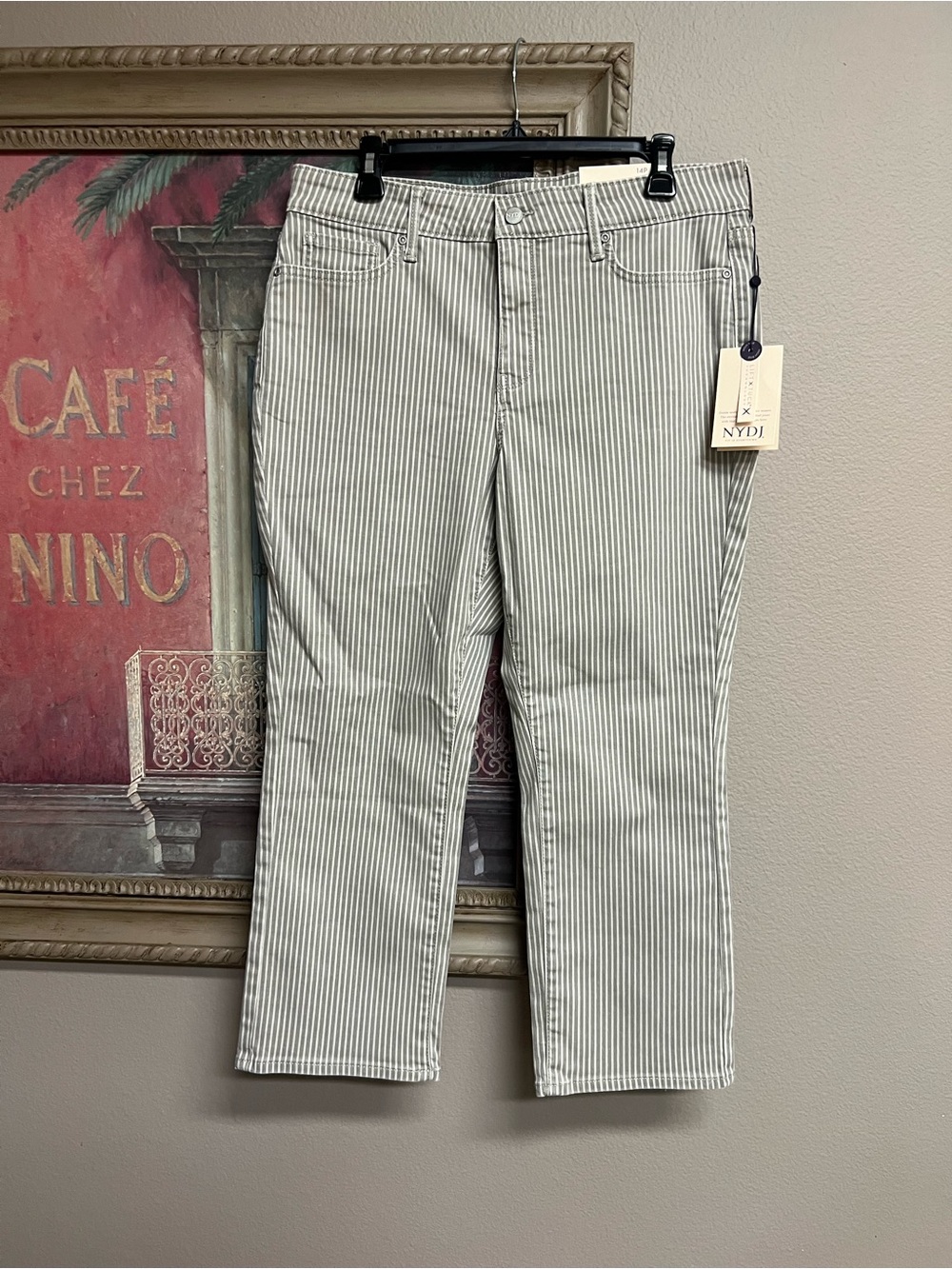 NYDJ Women's High Rise Straight Leg Striped Jeans in White & Gray